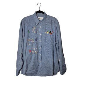 Mili Designs Women Blue Checkered Embroidered Button Up Shirt Size Large Teacher
